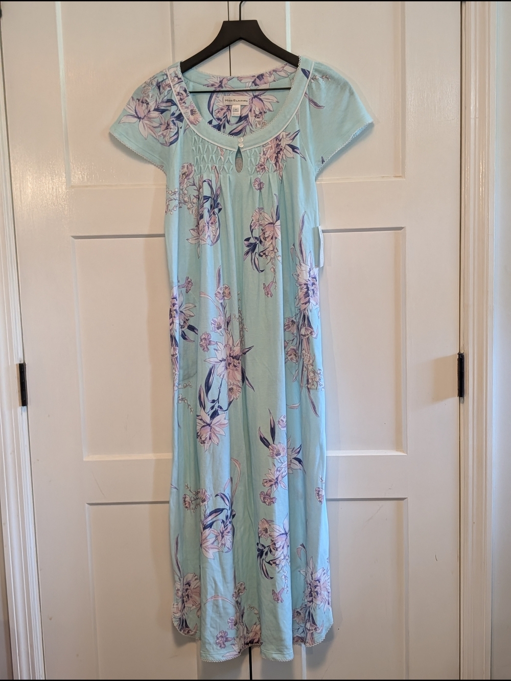 Miss Elaine NWT Aqua Floral Cotton Blend Long Nightgown Sleep Gown Small NEW